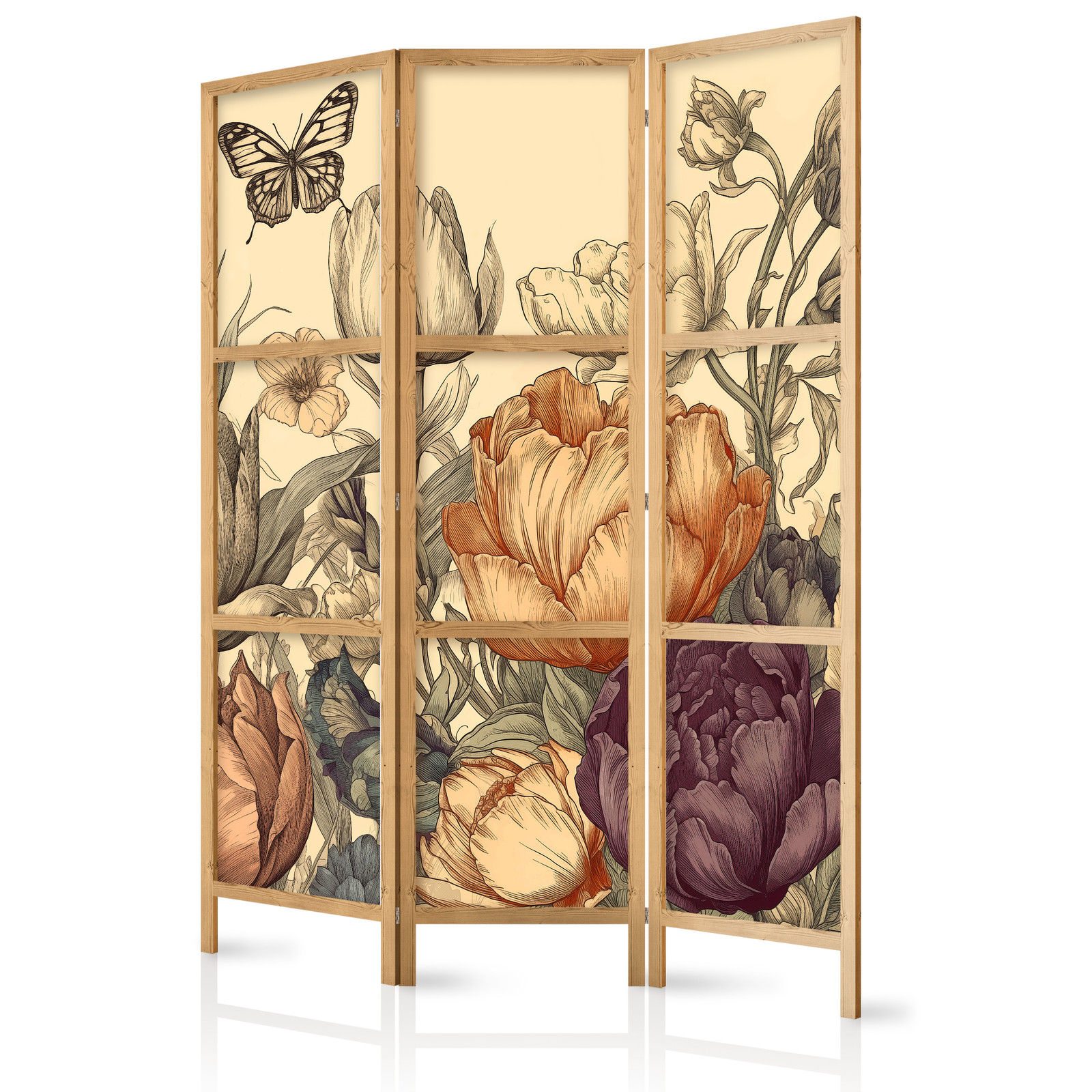 Ιαπωνικο Διαχωριστικο Δωματιου - Tulips In Cream - Illustration Of Flowers And Butterflies On A Light Background 135x172cm