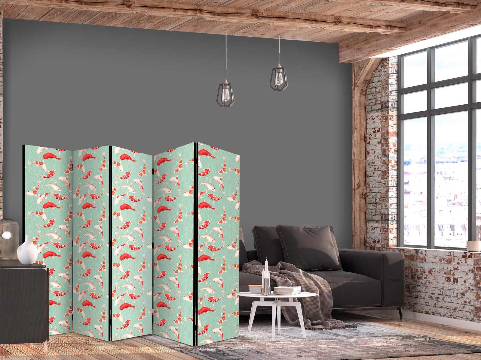 Διαχωριστικο Δωματιου - Fish And Japanese Pattern - Koi Fish In Orange-cream Colors On A Green-mint Background With An Oriental Pattern Μονης Οψης 225x172cm