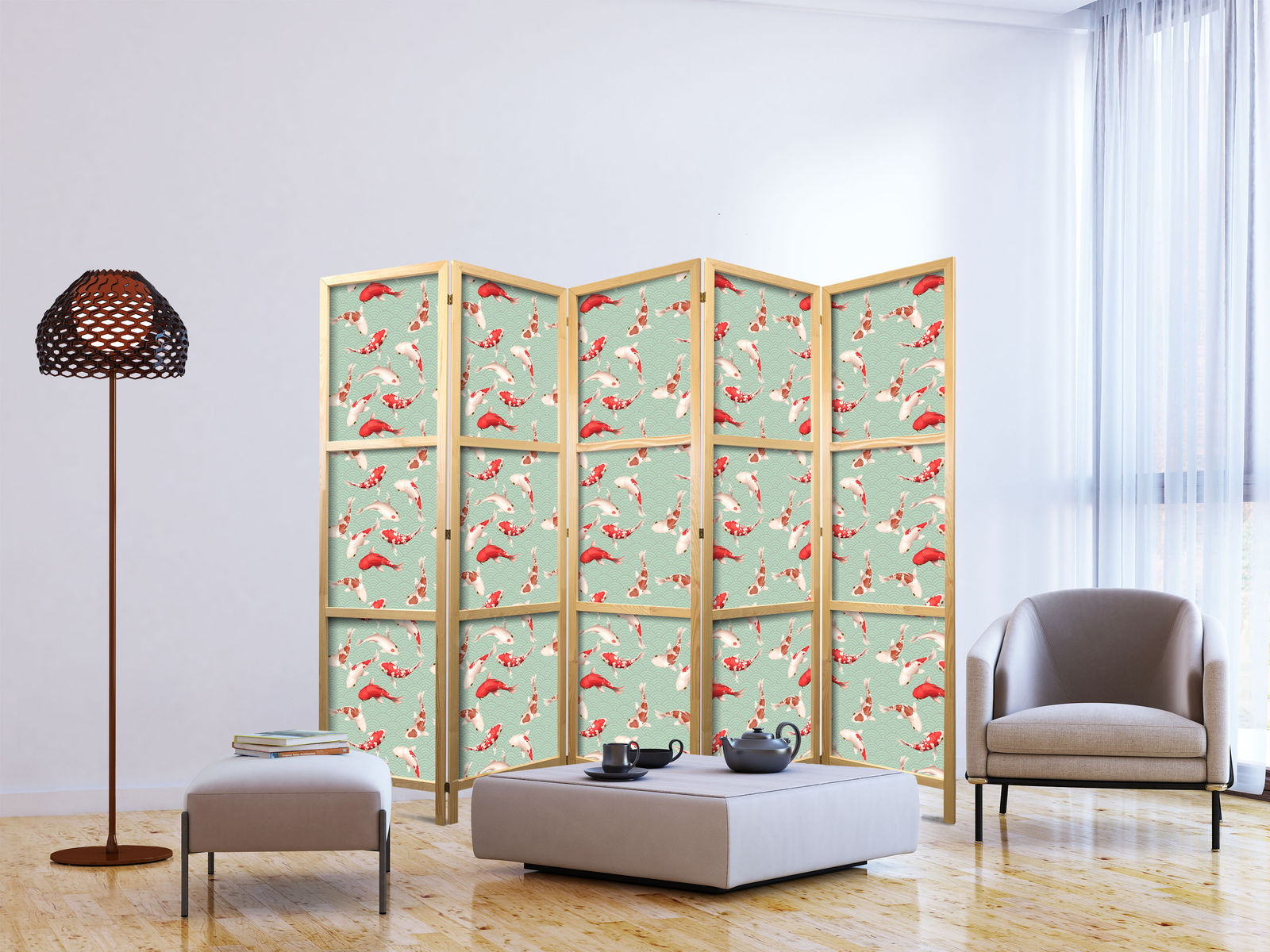 Ιαπωνικο Διαχωριστικο Δωματιου - Fish And Japanese Pattern - Koi Fish In Orange-cream Colors On A Green-mint Background With An Oriental Pattern 225x172cm