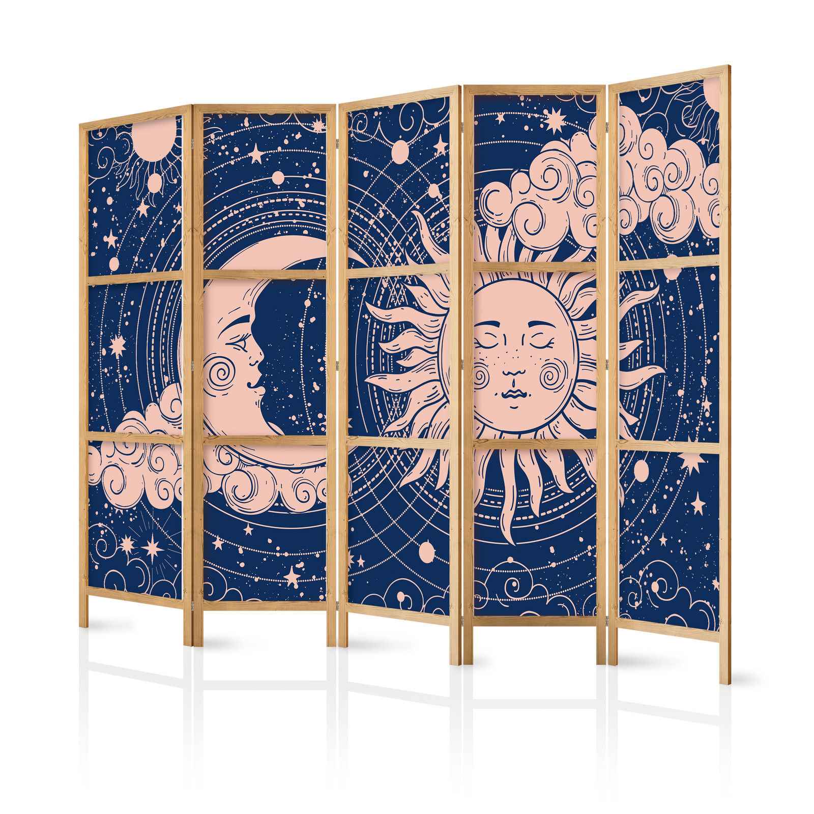Ιαπωνικο Διαχωριστικο Δωματιου - Cosmic Harmony - Illustration Of The Sun And Moon On A Navy Background 225x172cm
