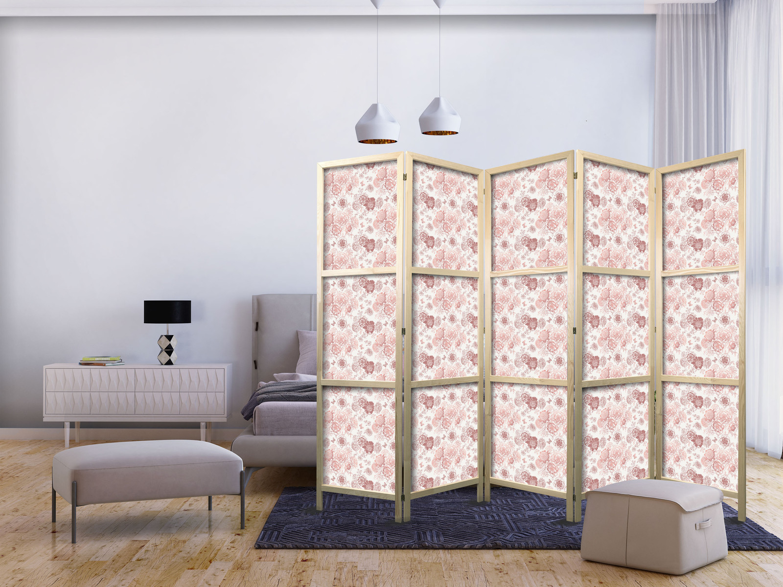 Ιαπωνικο Διαχωριστικο Δωματιου - Pink Blossoming - Flowers In Warm Colors On A White Background 225x172cm