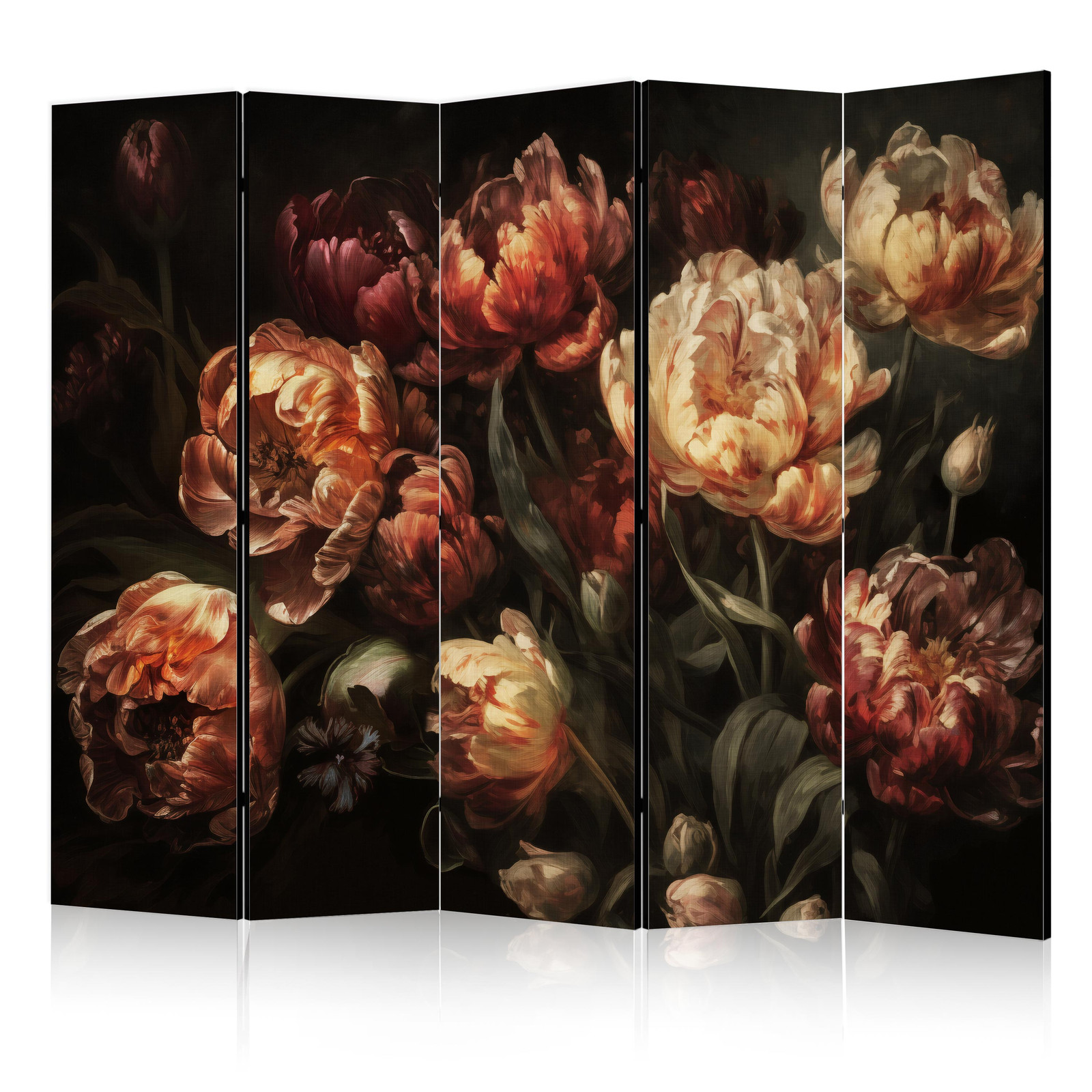 Διαχωριστικο Δωματιου - Magnificent Tulips - Bouquet Of Flowers In Red And White On A Black Background Ηχοαπορροφητικο 225x172cm