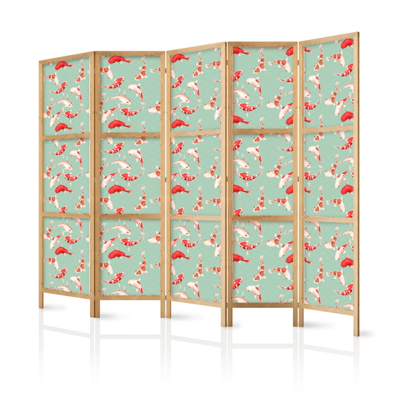 Ιαπωνικο Διαχωριστικο Δωματιου - Fish And Japanese Pattern - Koi Fish In Orange-cream Colors On A Green-mint Background With An Oriental Pattern 225x172cm