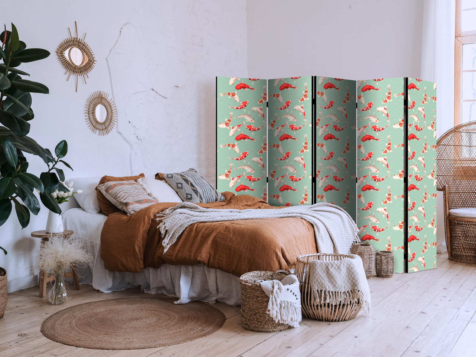 Διαχωριστικο Δωματιου - Fish And Japanese Pattern - Koi Fish In Orange-cream Colors On A Green-mint Background With An Oriental Pattern Μονης Οψης 225x172cm