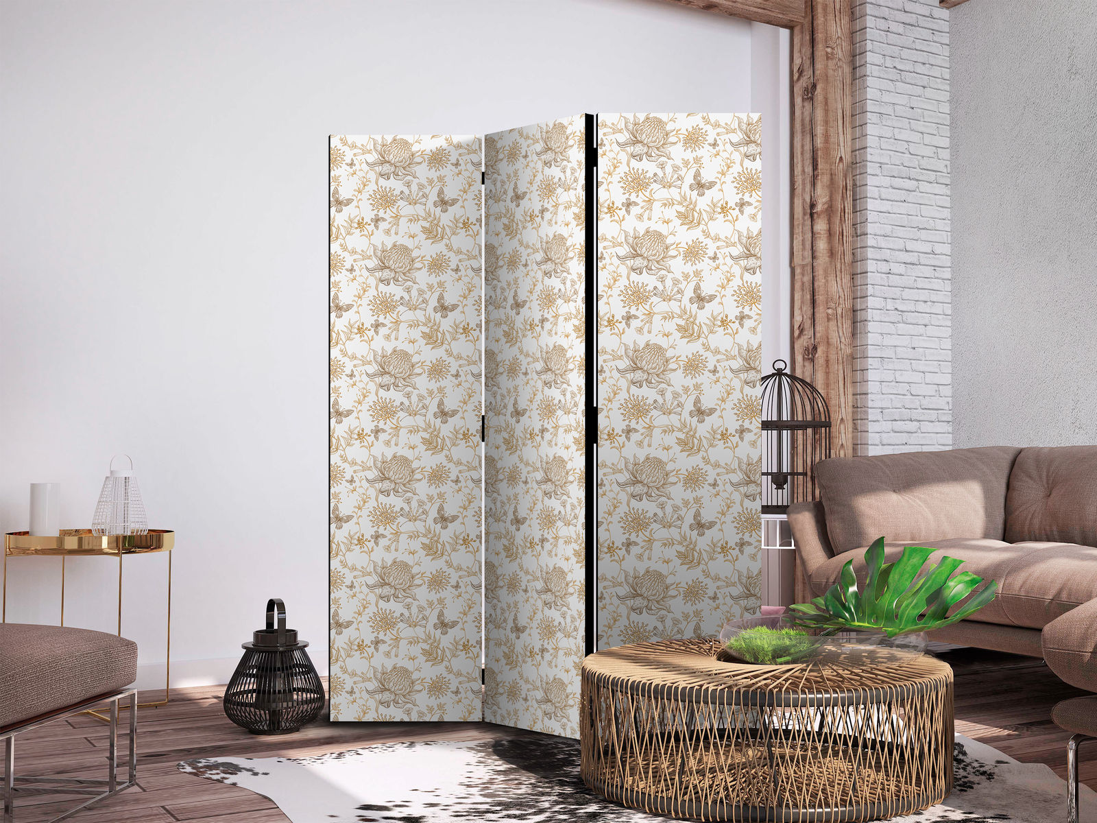 Διαχωριστικο Δωματιου - Beige Shades Of Nature - Flowers And Butterflies On A White Background - Illustration Μονης Οψης 135x172cm