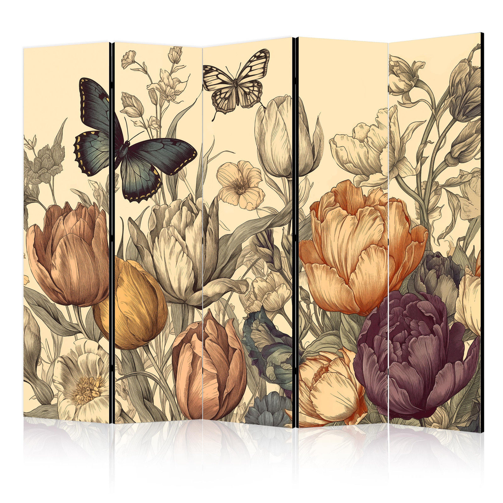 Διαχωριστικο Δωματιου - Tulips In Cream - Illustration Of Flowers And Butterflies On A Light Background Ηχοαπορροφητικο 225x172cm