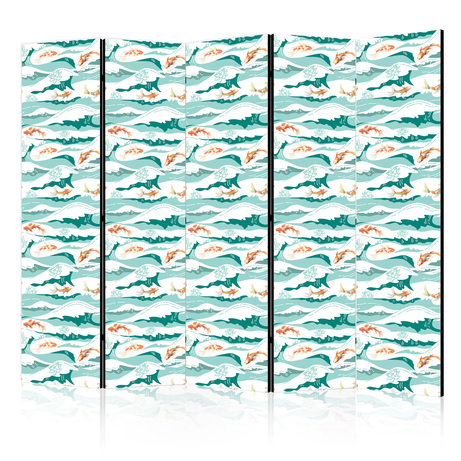 Διαχωριστικο Δωματιου - Fish Jumping Above The Waves - Oriental Fish And Water Lilies Among High Waves In Shades Of Sea Green Μονης Οψης 225x172cm
