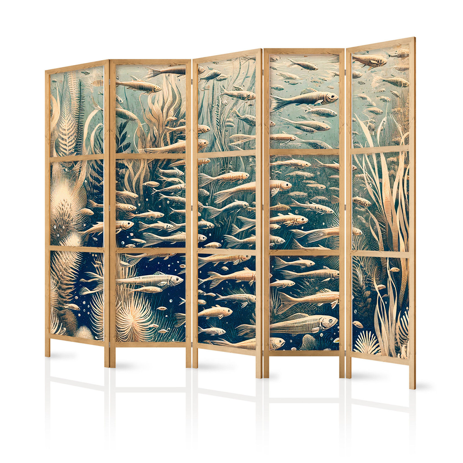 Ιαπωνικο Διαχωριστικο Δωματιου - Life In The Ocean - Underwater World Of Fish And Vegetation In Beige And Navy Colors In Retro Style 225x172cm