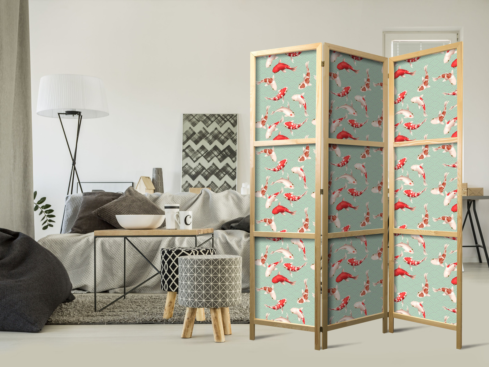 Ιαπωνικο Διαχωριστικο Δωματιου - Fish And Japanese Pattern - Koi Fish In Orange-cream Colors On A Green-mint Background With An Oriental Pattern 135x172cm