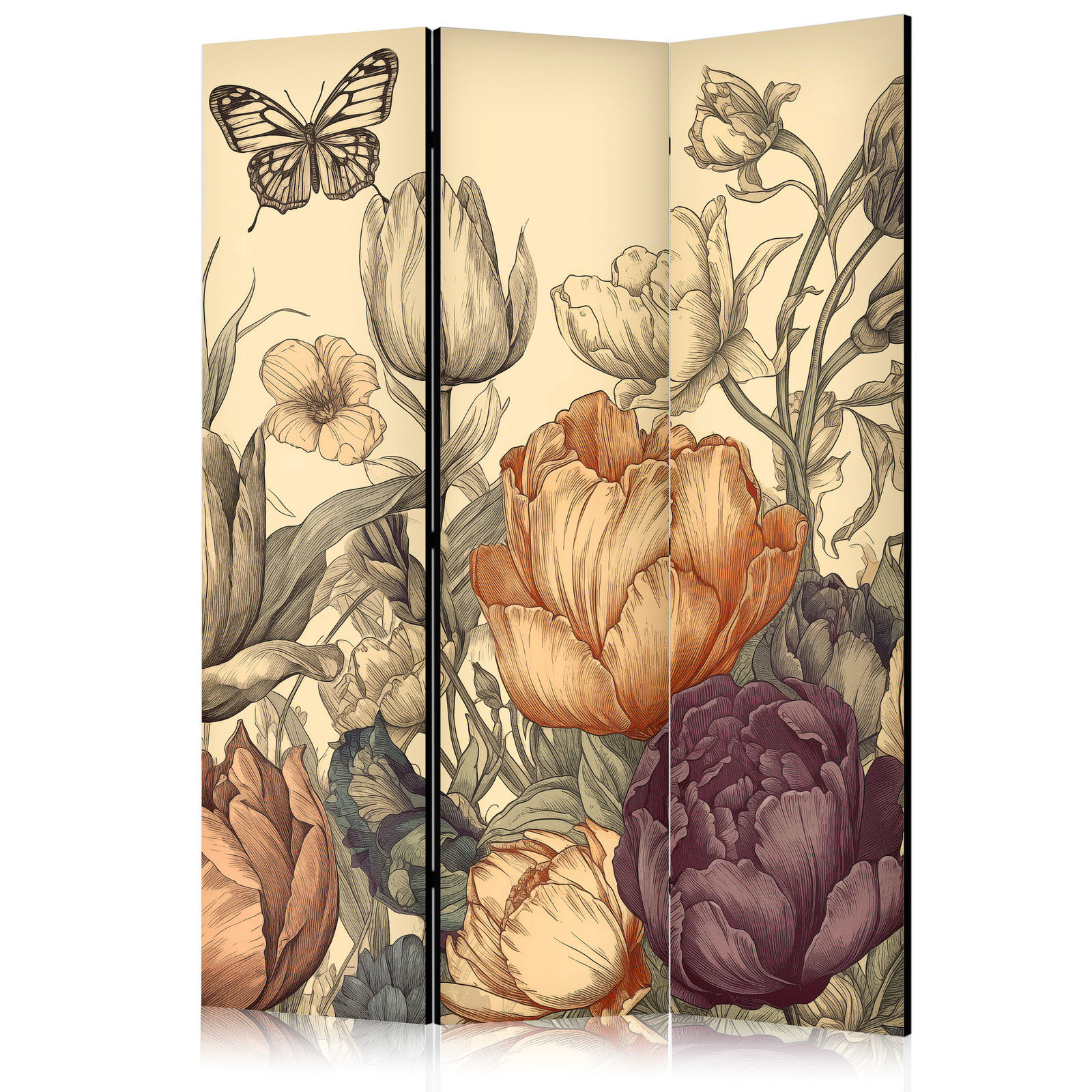 Διαχωριστικο Δωματιου - Tulips In Cream - Illustration Of Flowers And Butterflies On A Light Background Ηχοαπορροφητικο 135x172cm