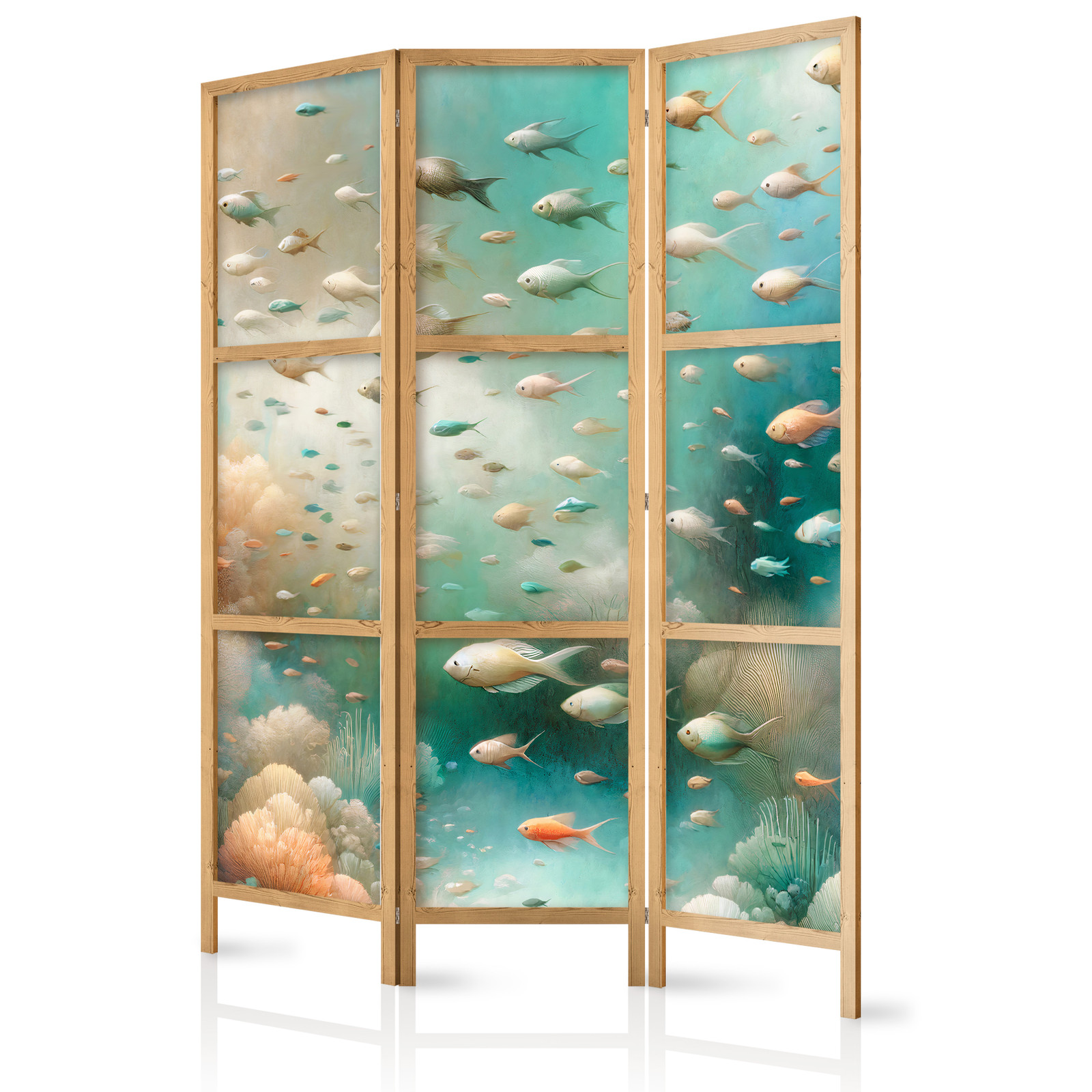 Ιαπωνικο Διαχωριστικο Δωματιου - Spectacular Underwater Landscape - Fish In The Underwater World In Colors Of Turquoise Blue Beige And Delicate Orange 135x172cm