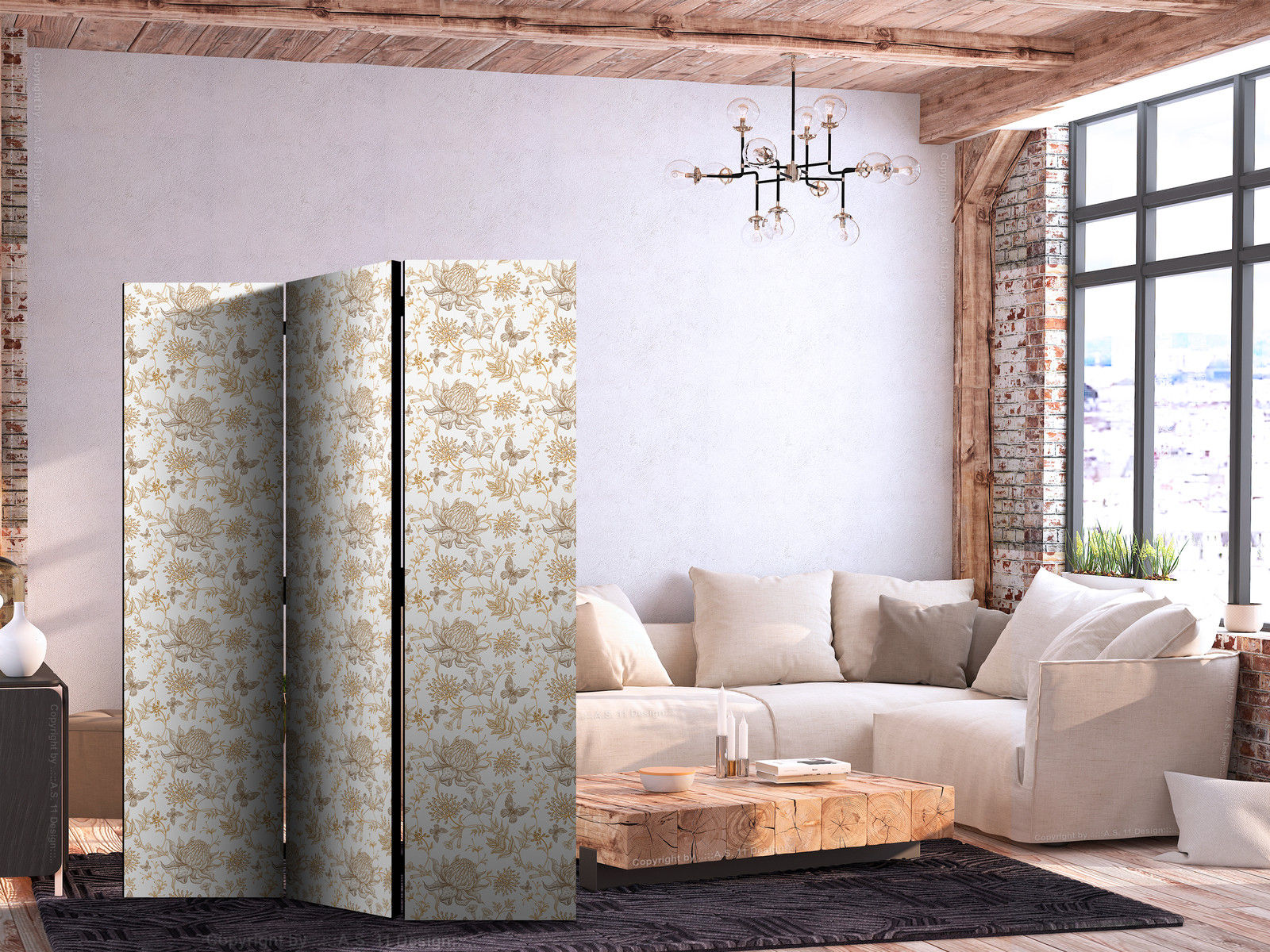 Διαχωριστικο Δωματιου - Beige Shades Of Nature - Flowers And Butterflies On A White Background - Illustration Μονης Οψης 135x172cm