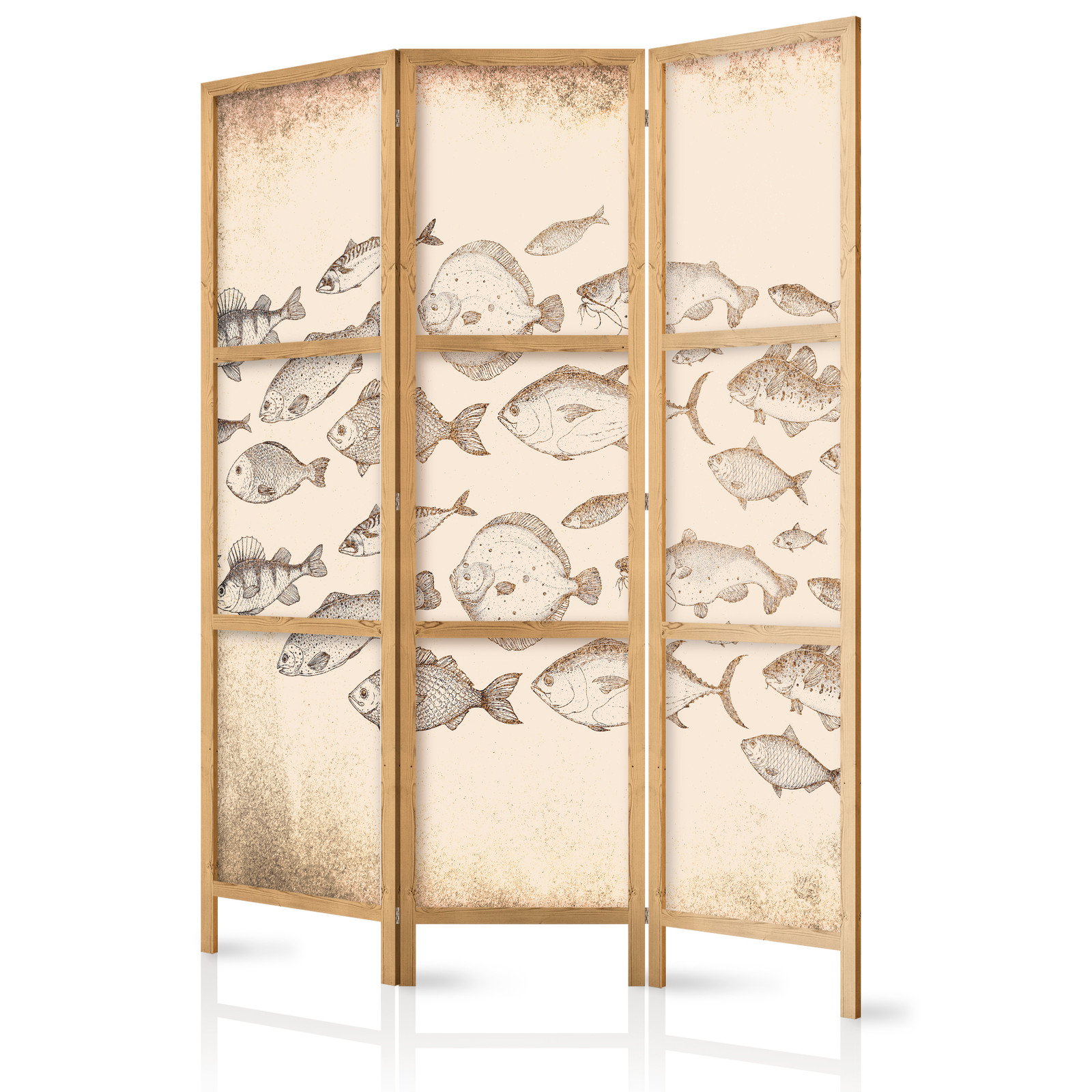 Ιαπωνικο Διαχωριστικο Δωματιου - Sketch Of A School Of Fish - Sketches Of Various Species Of Fish Swimming In A School On A Beige Background In Vintage Style 135x172cm