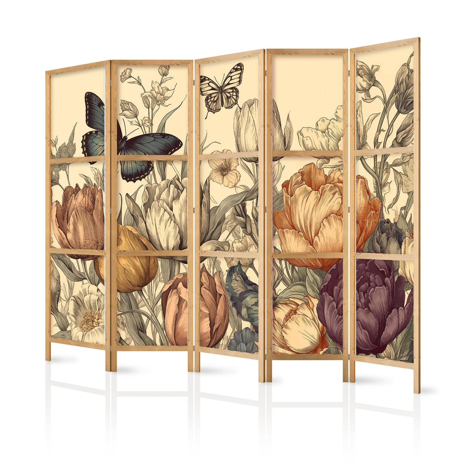 Ιαπωνικο Διαχωριστικο Δωματιου - Tulips In Cream - Illustration Of Flowers And Butterflies On A Light Background 225x172cm