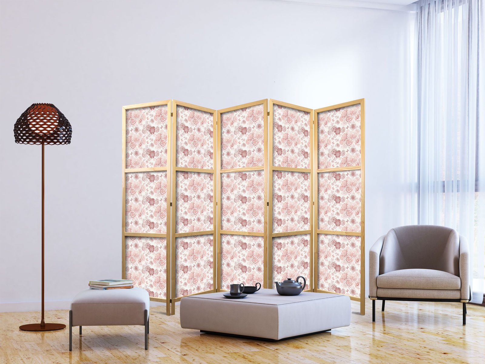 Ιαπωνικο Διαχωριστικο Δωματιου - Pink Blossoming - Flowers In Warm Colors On A White Background 225x172cm