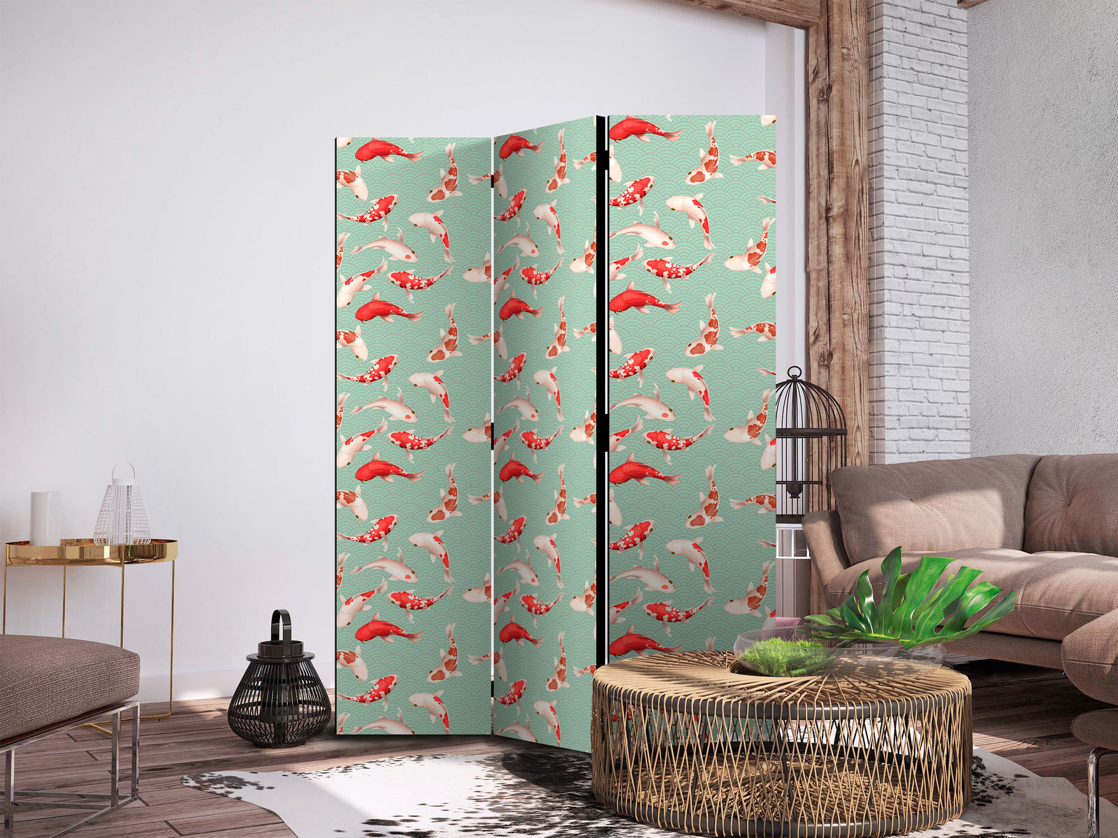 Διαχωριστικο Δωματιου - Fish And Japanese Pattern - Koi Fish In Orange-cream Colors On A Green-mint Background With An Oriental Pattern Μονης Οψης 135x172cm