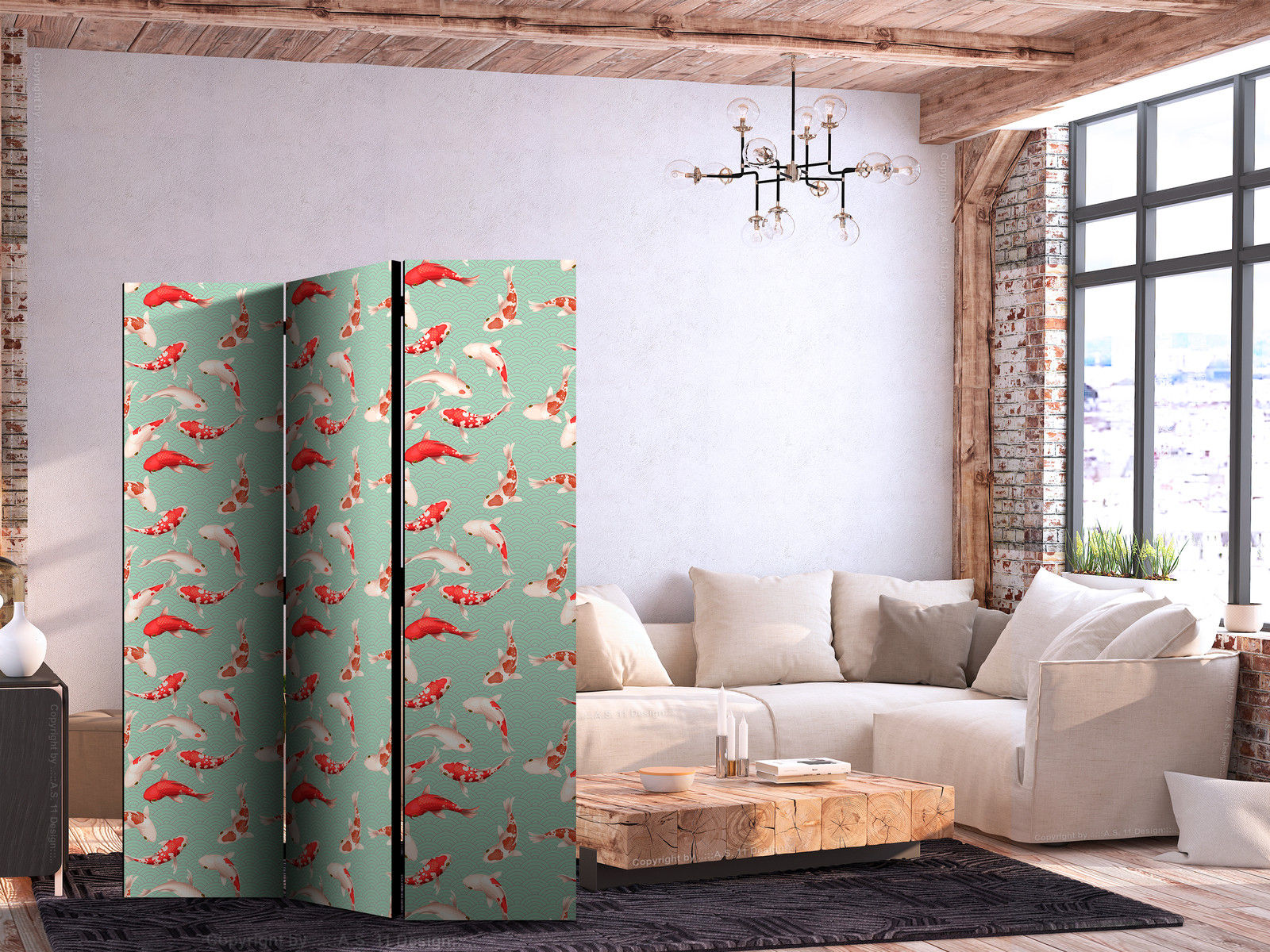 Διαχωριστικο Δωματιου - Fish And Japanese Pattern - Koi Fish In Orange-cream Colors On A Green-mint Background With An Oriental Pattern Μονης Οψης 135x172cm