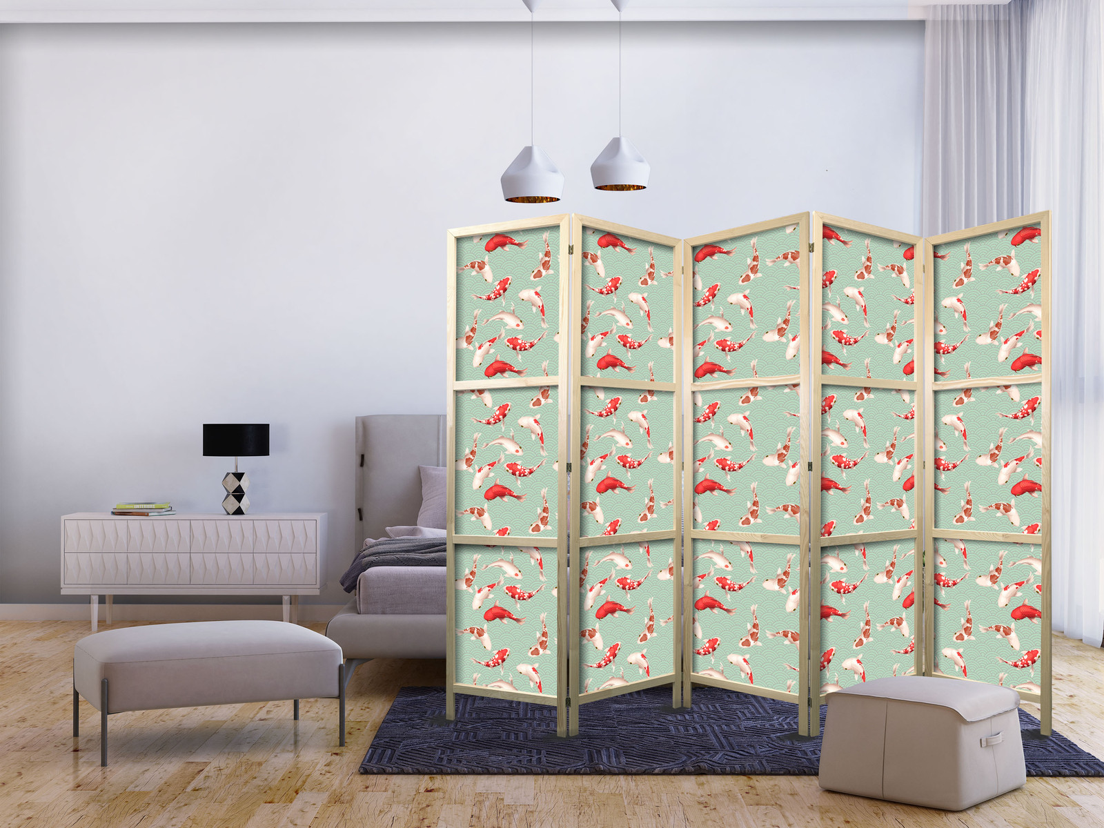 Ιαπωνικο Διαχωριστικο Δωματιου - Fish And Japanese Pattern - Koi Fish In Orange-cream Colors On A Green-mint Background With An Oriental Pattern 225x172cm