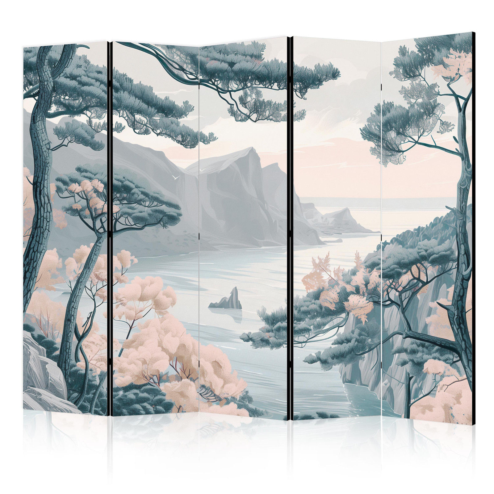 Διαχωριστικο Δωματιου - Mountainous Coast With Trees And Rocks - In Light Pastel Blues Μονης Οψης 225x172cm