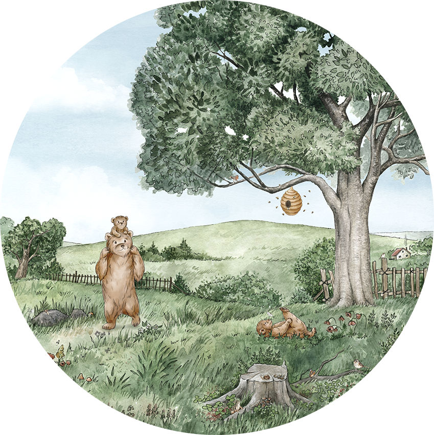 Bears and Bees Ταπετσαρια Τοιχου Πρασινο Στρογγυλη Διαφορα Μεγεθη