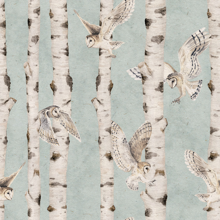 Birch and Owls Ταπετσαρια Τοιχου Γαλαζιο