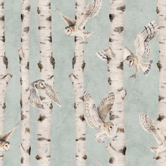 Birch and Owls Ταπετσαρια Τοιχου Γαλαζιο