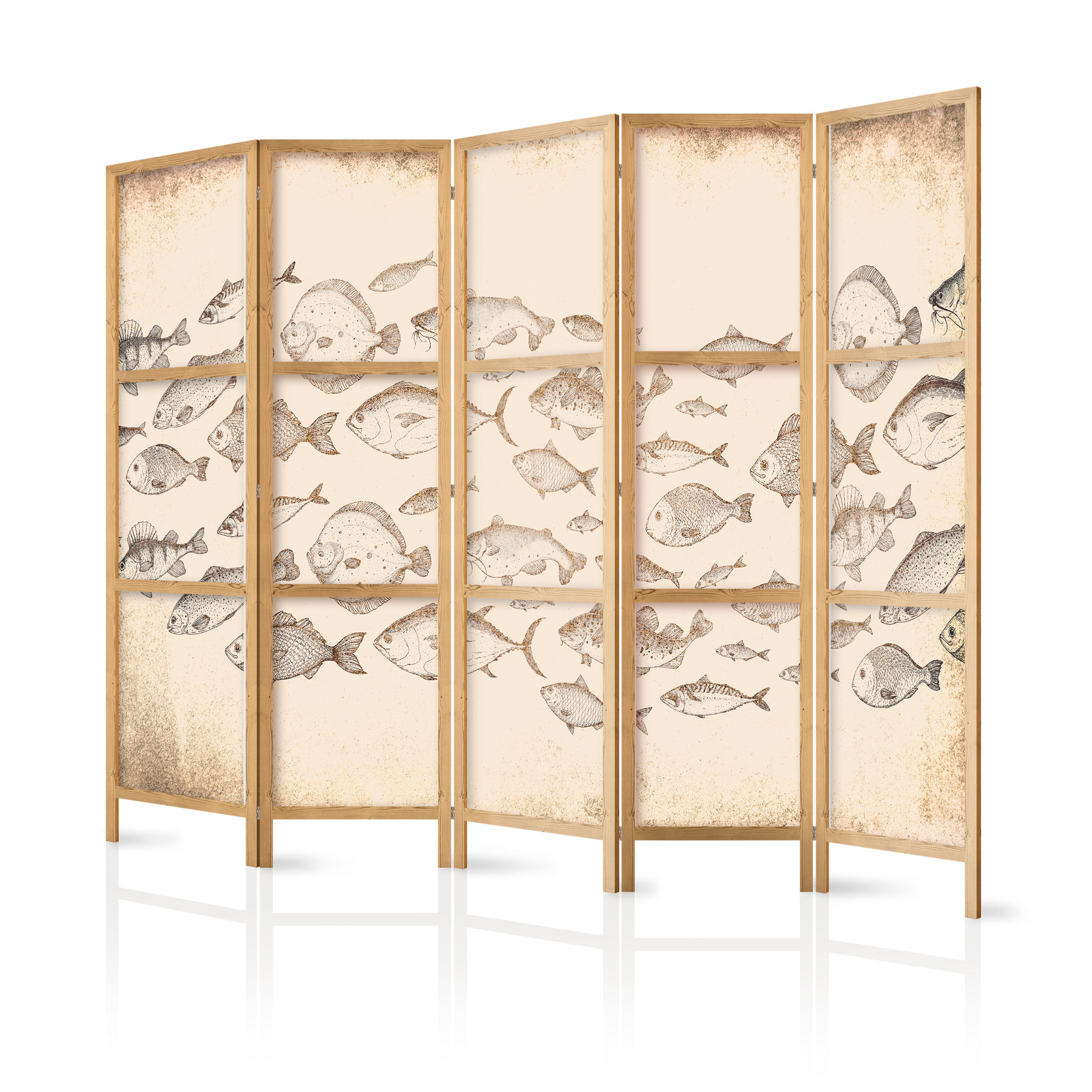 Ιαπωνικο Διαχωριστικο Δωματιου - Sketch Of A School Of Fish - Sketches Of Various Species Of Fish Swimming In A School On A Beige Background In Vintage Style 225x172cm