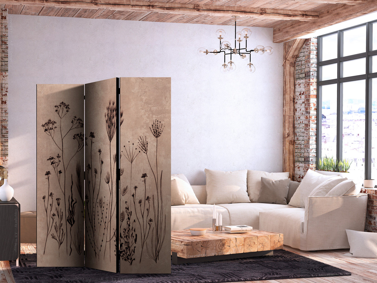 Διαχωριστικο Δωματιου - Plant Vintage - Delicate Field Flowers On A Background In Lime Wash Technique Διπλης Οψης 135x172cm