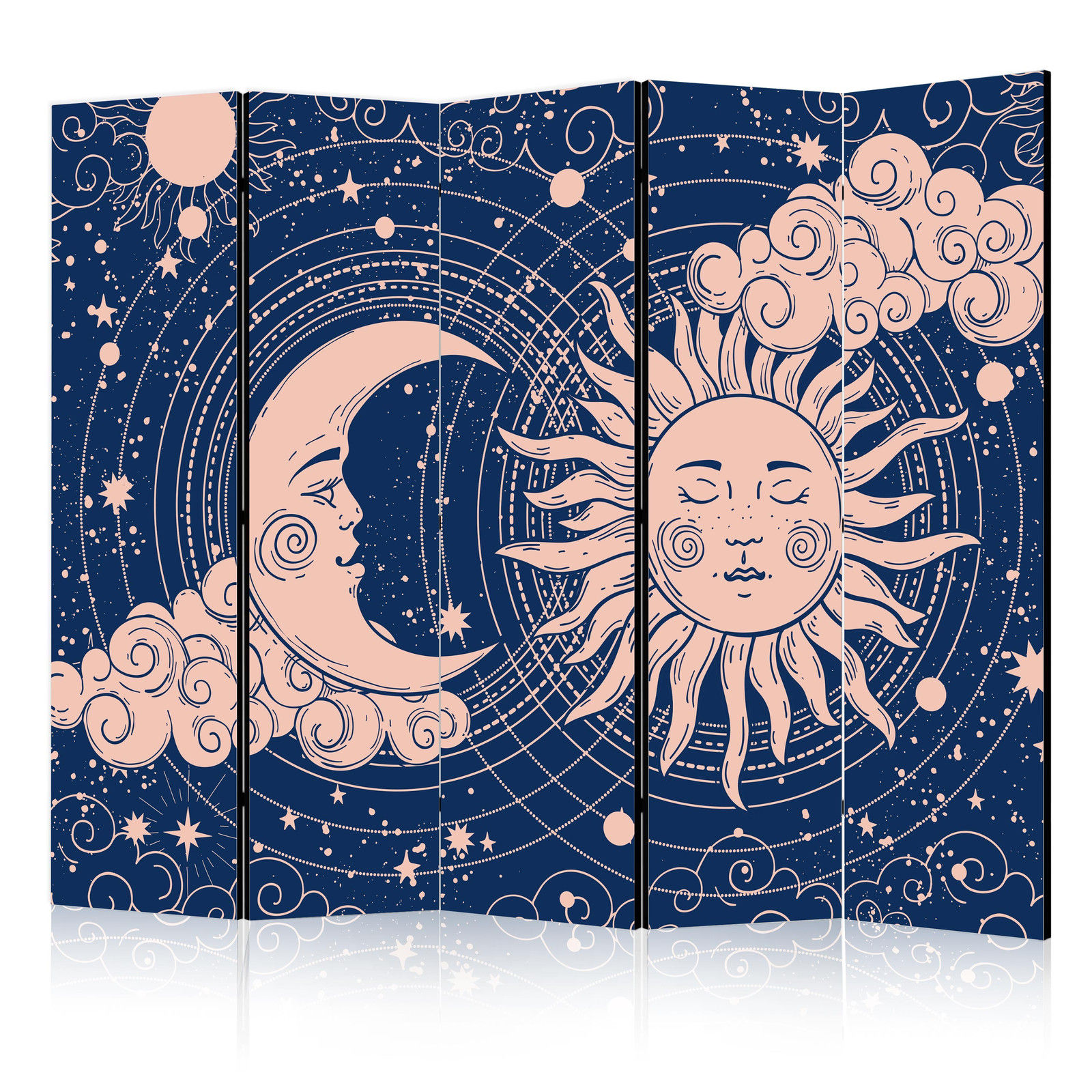 Διαχωριστικο Δωματιου - Cosmic Harmony - Illustration Of The Sun And Moon On A Navy Background Διπλης Οψης 225x172cm