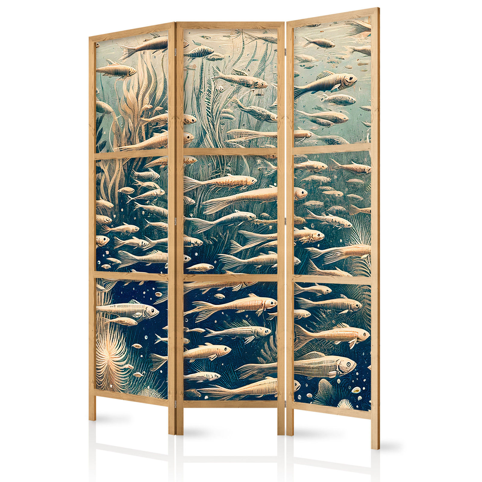 Ιαπωνικο Διαχωριστικο Δωματιου - Life In The Ocean - Underwater World Of Fish And Vegetation In Beige And Navy Retro Style 135x172cm