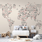 Φωτοταπετσαρια - Map With Icons - Cartoon Representation Of The World In Pastel Colours Αδιαβροχη 350x256cm