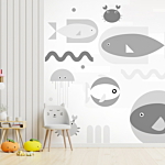 Φωτοταπετσαρια - Minimalist Grey Ocean - Geometric Fish In Water For Children Αδιαβροχη 400x280cm