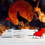 Φωτοταπετσαρια - Wild Nature - Wolf On A Background Of A Red Moon In Flames Of Fire Αδιαβροχη 350x256cm