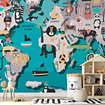 Φωτοταπετσαρια - Geography Lesson For Children - Colourful World Map With Animals Αδιαβροχη 350x256cm