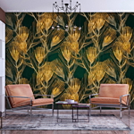 Φωτοταπετσαρια - Golden Peacock Feathers - Solid Background With Bird Pattern On Green Background Αδιαβροχη 300x210cm