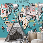 Φωτοταπετσαρια - Geography Lesson For Children - Colourful World Map With Animals Αδιαβροχη 350x256cm