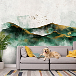 Φωτοταπετσαρια - Abstract Landscape - Green Mountains With Golden Patterns And Birds Αδιαβροχη 300x210cm