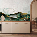 Φωτοταπετσαρια - Abstract Landscape - Green Mountains With Golden Patterns And Birds Αδιαβροχη 300x210cm
