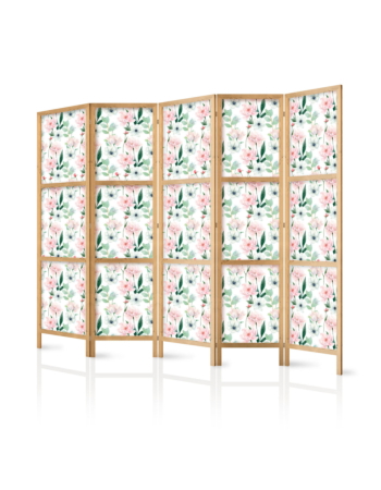 Ιαπωνικο Διαχωριστικο Δωματιου - Peonies - Pink And White Flowers And Green Leaves On A White Background 225x172cm