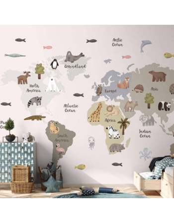 Φωτοταπετσαρια - Pastel Map - Animals And Continents For Children's Room Αδιαβροχη 400x280cm