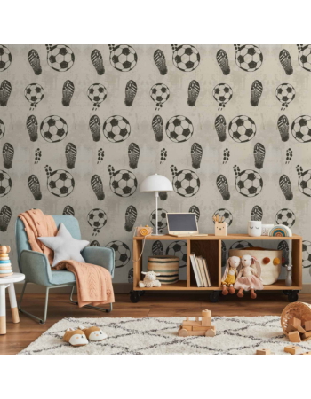Ταπετσαρια - Traces And Balls - Black-and-white Soccer Motifs On A Beige Background