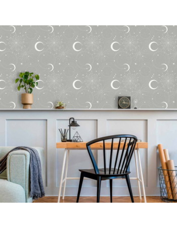 Ταπετσαρια - Cosmic Fireworks - Elegant Pattern With Moons And Stars On A Gray Background