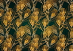 Φωτοταπετσαρια - Golden Peacock Feathers - Solid Background With Bird Pattern On Green Background Αδιαβροχη 300x210cm
