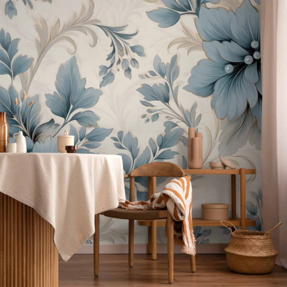 Φωτοταπετσαρια - Turquoise Flowers In Retro Ambience - Floristic Ornaments Αδιαβροχη 200x140cm