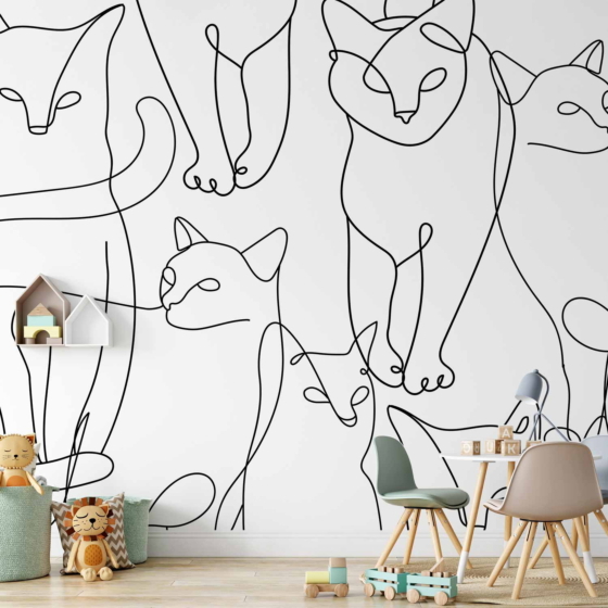 Φωτοταπετσαρια - Cat Lineart - Minimalist Sketches Of Black Cats On White Background Αδιαβροχη 100x70cm