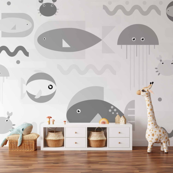Φωτοταπετσαρια - Minimalist Grey Ocean - Geometric Fish In Water For Children Αδιαβροχη 400x280cm