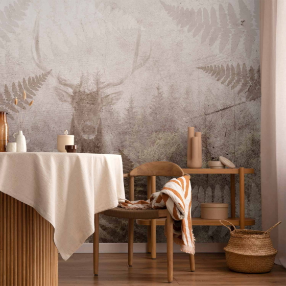 Φωτοταπετσαρια - Forest Motif - Deer With Antlers Among Fern Leaves On Concrete Pattern Αδιαβροχη 250x175cm