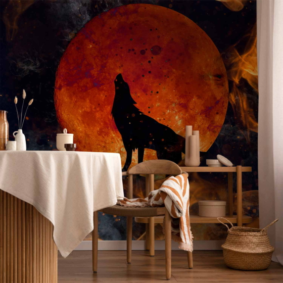 Φωτοταπετσαρια - Wild Nature - Wolf On A Background Of A Red Moon In Flames Of Fire Αδιαβροχη 350x256cm