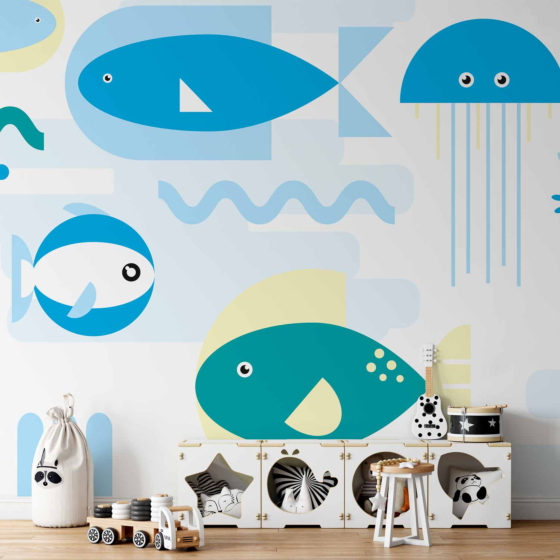 Φωτοταπετσαρια - Animals In The Sea - Geometric Blue Fish In Water For Kids Αδιαβροχη 350x245cm