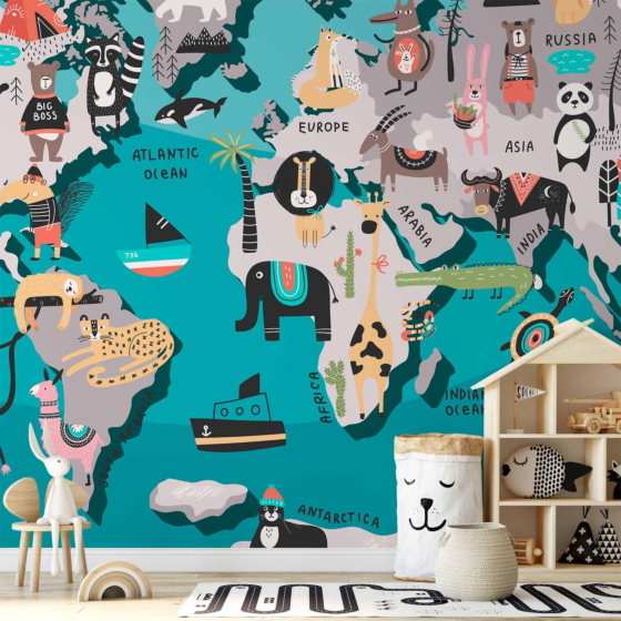 Φωτοταπετσαρια - Geography Lesson For Children - Colourful World Map With Animals Αδιαβροχη 350x256cm